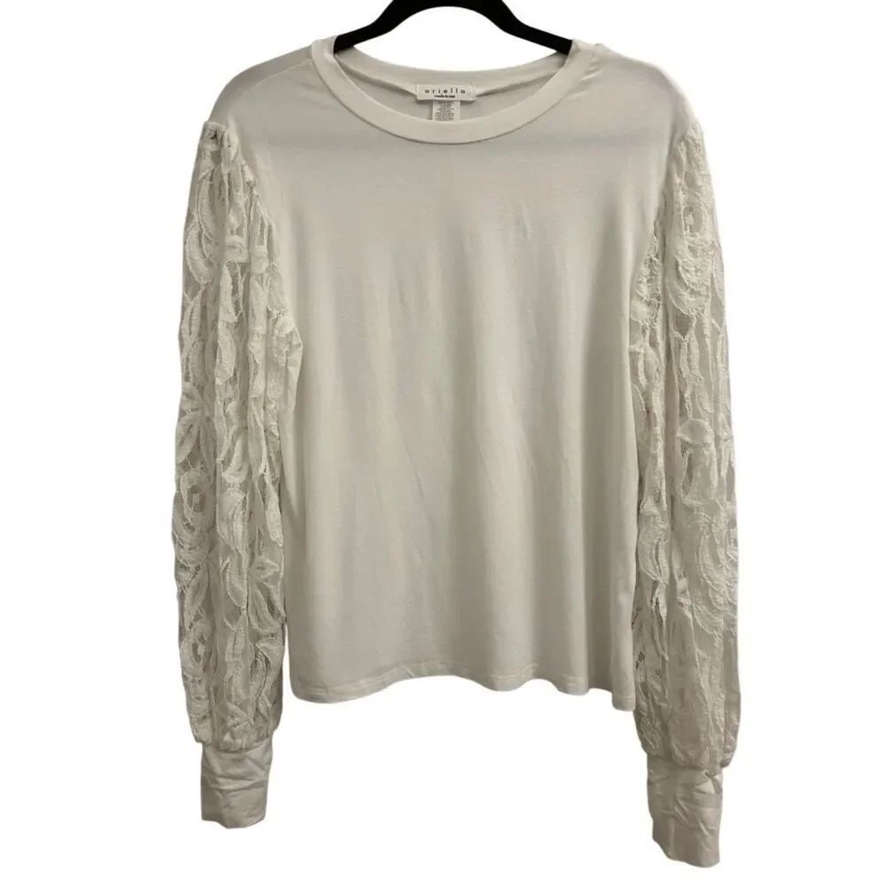 Ariella Floral Lace Sleeve Jersey Knit Top size L romantic casual work